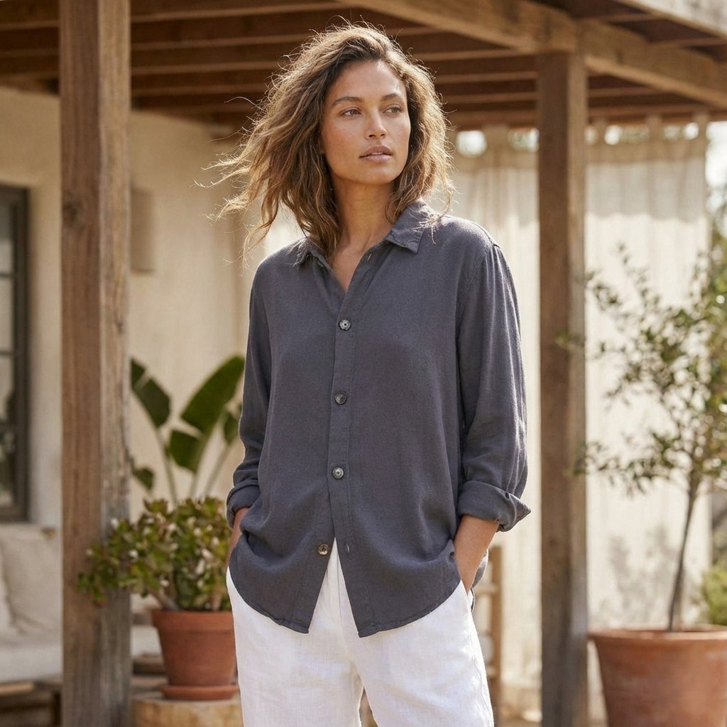 Cp Shades Women's Rayon Oversize Button Down Shirt In Gray Size Small